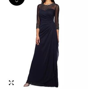 Elegant Plus Sized Dark Navy Sequined Neckline & Wrists, Formal Dress